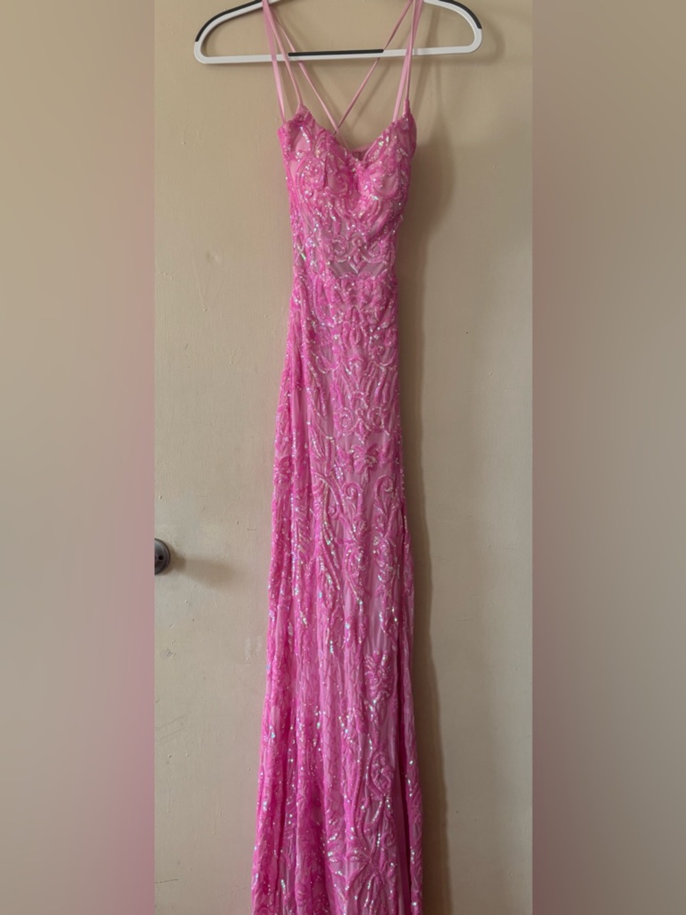 Windsor Pink Sequin Spaghetti-Strap Prom Gown with Thigh Slit - Picture 3 of 12